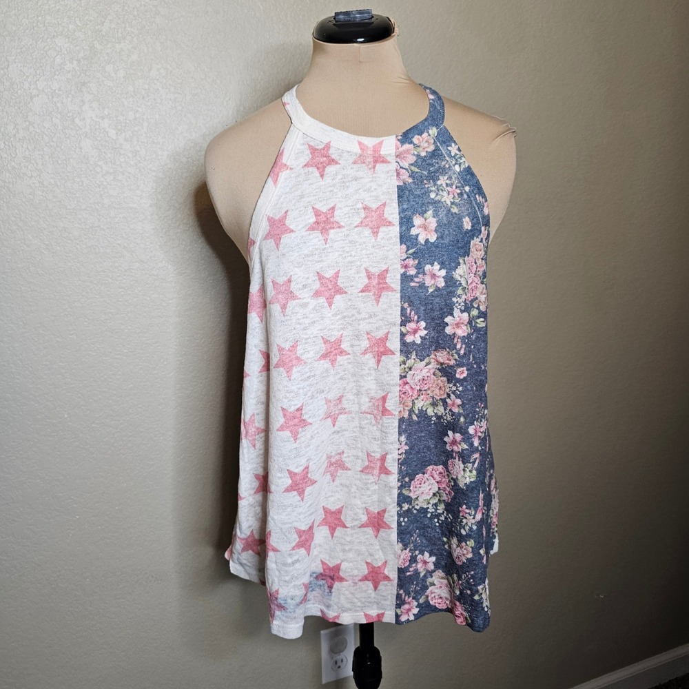 I.JOAH Womens Large Stars and Floral Split Halter Tank Top Blue Pink‎ USA